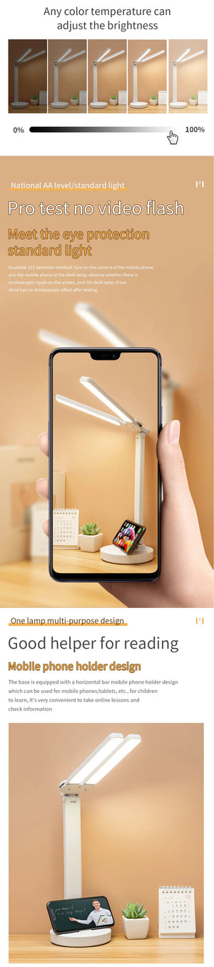 LED Desk Lamp USB Dimmable Touch Foldable Table Lamp with Calendar Temperature Clock Night Light for Study Reading Lamp