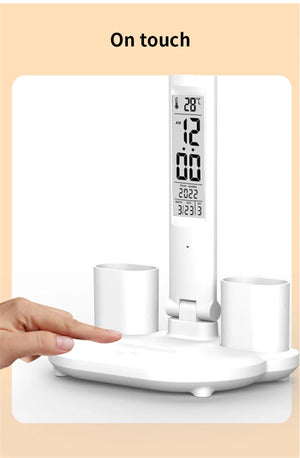 LED Desk Lamp USB Dimmable Touch Foldable Table Lamp with Calendar Temperature Clock Night Light for Study Reading Lamp