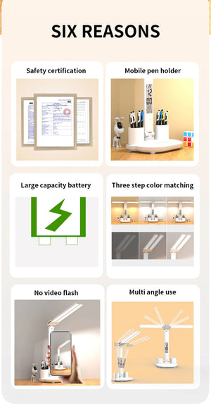 LED Desk Lamp USB Dimmable Touch Foldable Table Lamp with Calendar Temperature Clock Night Light for Study Reading Lamp