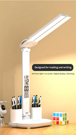 LED Desk Lamp USB Dimmable Touch Foldable Table Lamp with Calendar Temperature Clock Night Light for Study Reading Lamp