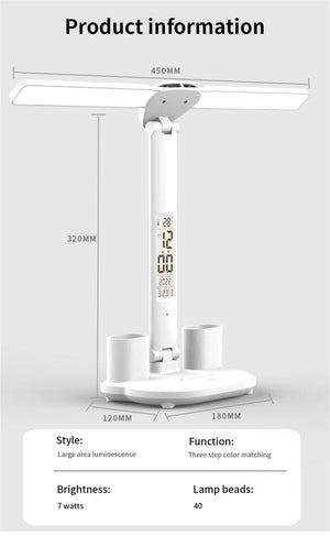 LED Desk Lamp USB Dimmable Touch Foldable Table Lamp with Calendar Temperature Clock Night Light for Study Reading Lamp
