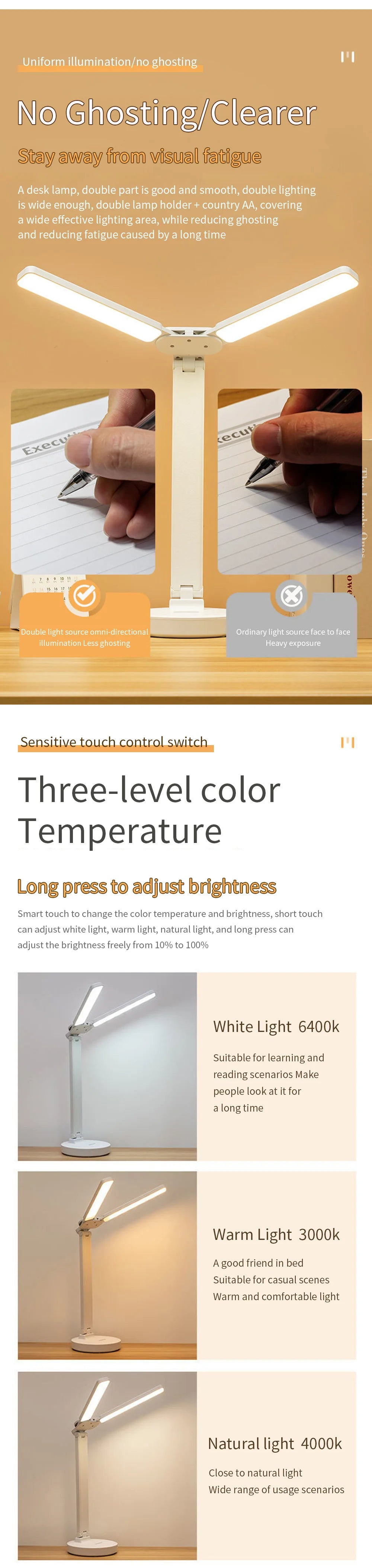 LED Desk Lamp USB Dimmable Touch Foldable Table Lamp with Calendar Temperature Clock Night Light for Study Reading Lamp