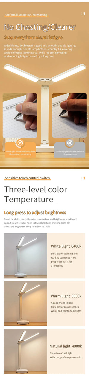 LED Desk Lamp USB Dimmable Touch Foldable Table Lamp with Calendar Temperature Clock Night Light for Study Reading Lamp